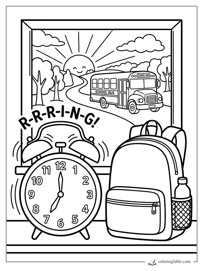 Bold back-to-school coloring page with ringing alarm clock, backpack, water bottle, and school bus at sunrise.