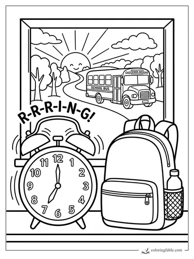 Bold back-to-school coloring page with ringing alarm clock, backpack, water bottle, and school bus at sunrise.