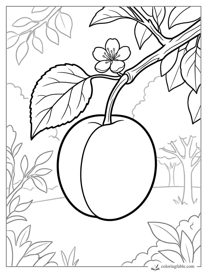 Easy plum coloring page with a ripe plum, curved stem, leaves, blossom, and orchard background