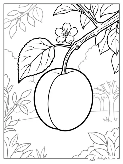 Easy plum coloring page with a ripe plum, curved stem, leaves, blossom, and orchard background