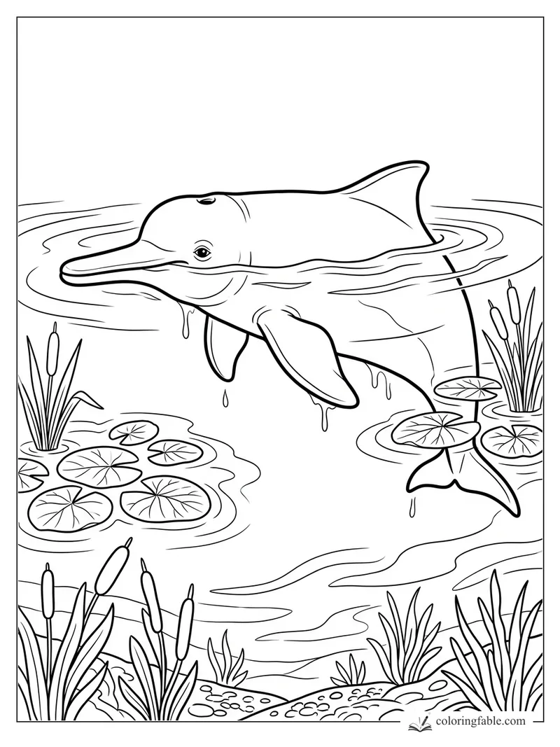 Realistic river dolphin surfacing among lily pads, cattails, reeds, and gentle pond ripples