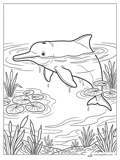 Realistic river dolphin surfacing among lily pads, cattails, reeds, and gentle pond ripples