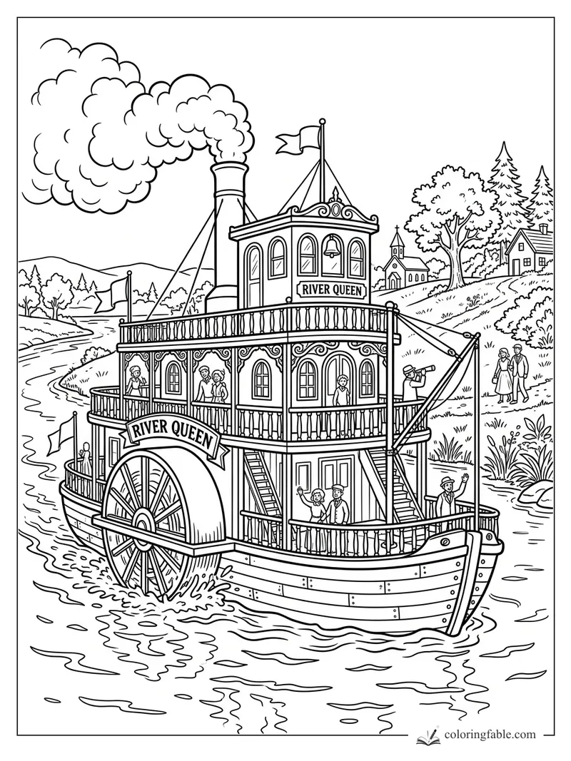 Vintage River Queen paddle steamer with passengers, smoke stack, big wheel, village church, trees, and riverbank