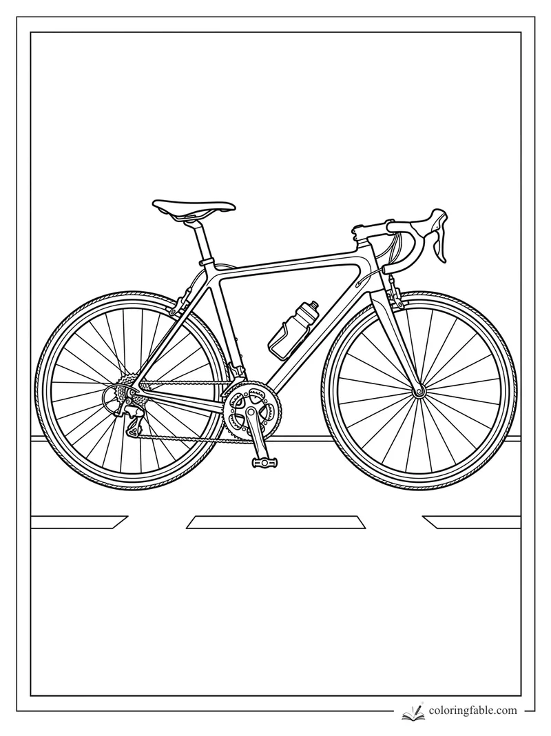 Detailed road bike with drop handlebars, thin tires, water bottle, gears, and lane markings coloring page