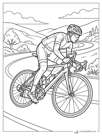 Road cyclist in helmet and sunglasses riding a racing bike on a winding mountain road