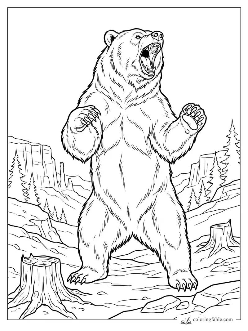 Realistic bear roaring upright among pine trees, cliffs, rocks, and tree stumps in a mountain clearing