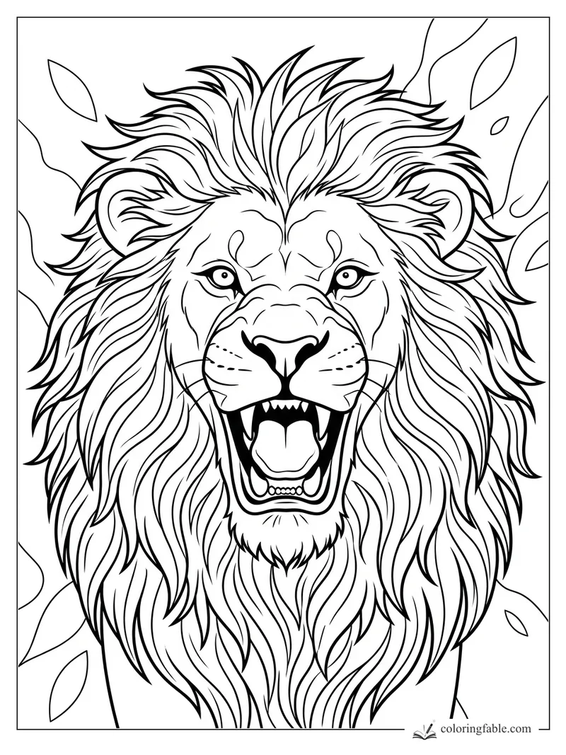 Roaring lion head with flowing mane, sharp teeth, and leaves swirling behind it
