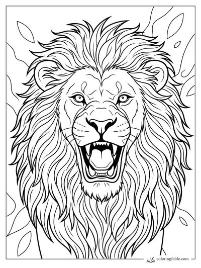 Roaring lion head with flowing mane, sharp teeth, and leaves swirling behind it