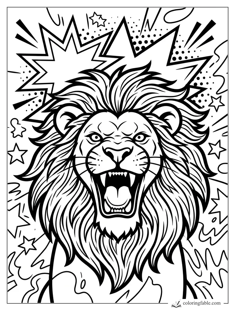 Pop-art lion roaring with a flowing mane, jagged bursts, stars, dots, and comic swooshes.