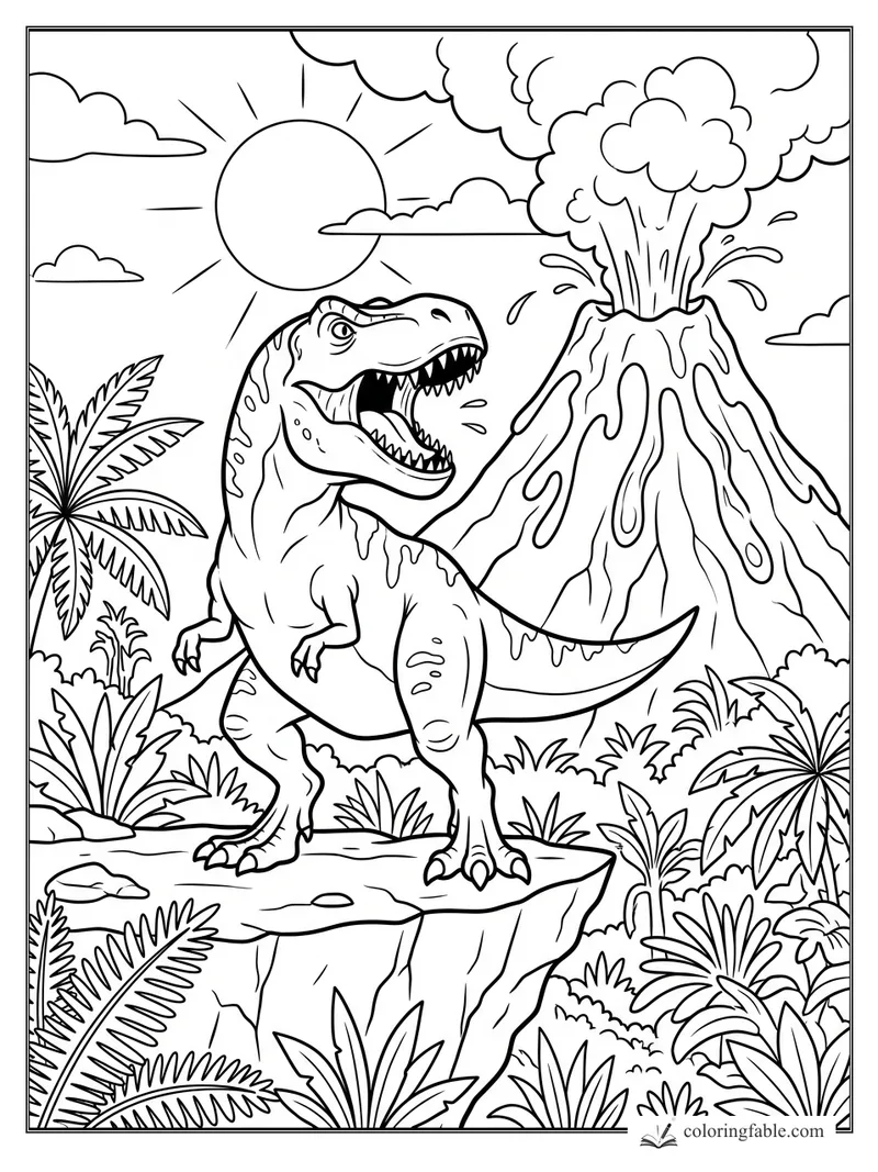Cartoon T. rex roaring on a cliff with a smoking volcano, sun, clouds, palm trees, and jungle plants.