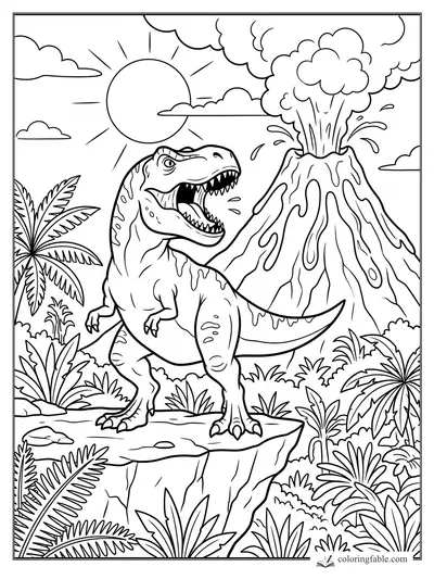 Cartoon T. rex roaring on a cliff with a smoking volcano, sun, clouds, palm trees, and jungle plants.