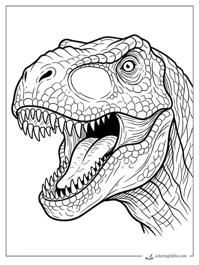 Realistic T. rex head roaring with sharp teeth, textured scales, and a watchful eye