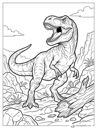 T. rex roaring with sharp teeth in a rocky canyon, with desert plants, clouds, and a fallen log.
