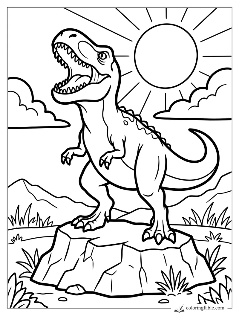Easy T. rex coloring page with a roaring dinosaur on a rock, bright sun, clouds, hills, and grass.