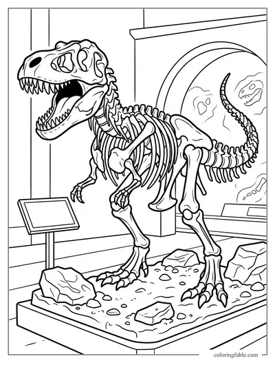 Cartoon T. rex skeleton roaring on a museum platform with rocks, sign, and fossil display case.