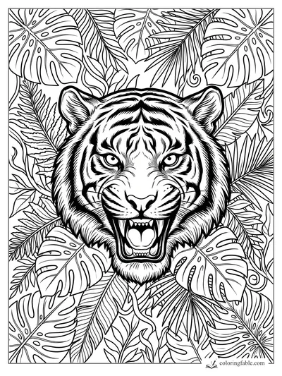 Engraving-style roaring tiger head framed by monstera, fern, and palm leaves