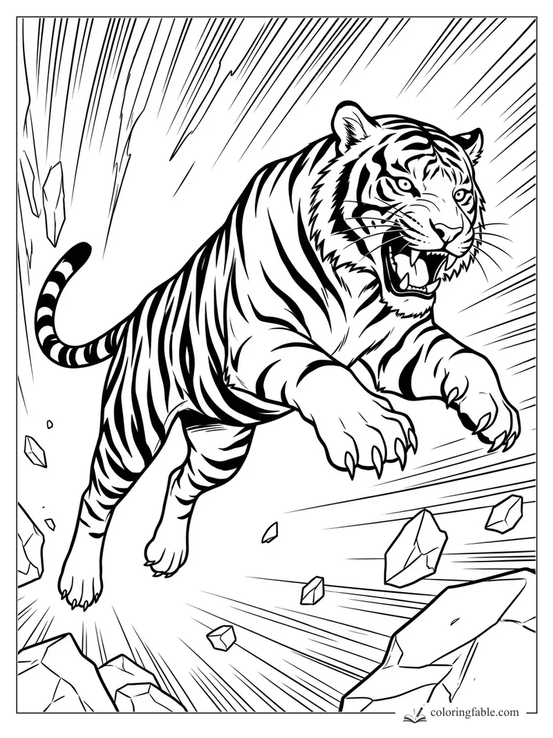 Manga tiger roaring mid-leap as sharp rocks and speed lines burst around it.