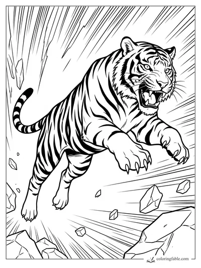 Manga tiger roaring mid-leap as sharp rocks and speed lines burst around it.