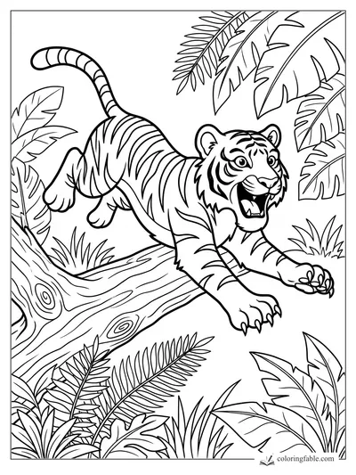 Cartoon tiger roaring on a fallen jungle log with striped tail, broad leaves, ferns, and grass.
