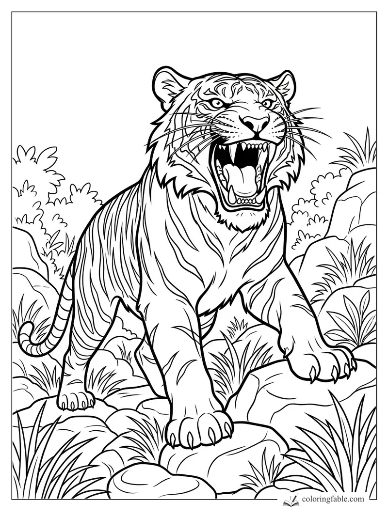 Cartoon tiger roaring with open mouth while stepping across rocks, grasses, and bushes