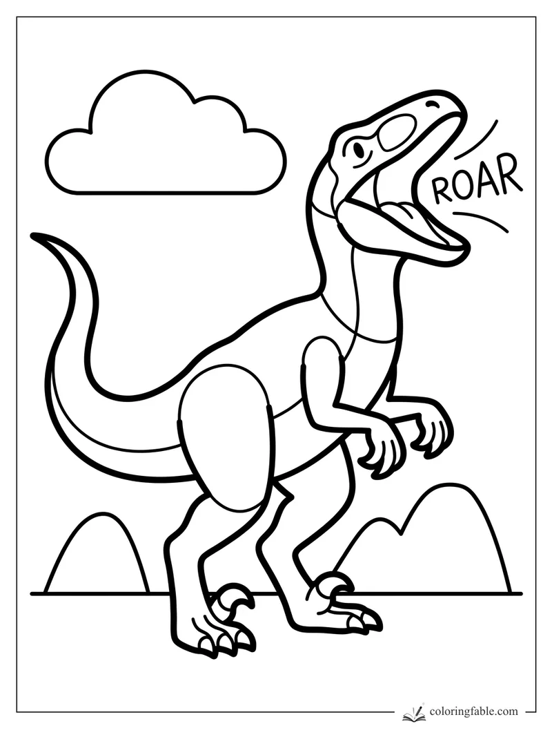 Bold easy velociraptor roaring with open jaws, little arms, hills, a cloud, and ROAR text