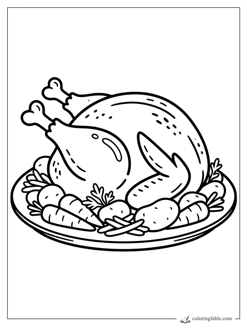 Bold easy coloring page of a roast Thanksgiving turkey on a platter with carrots, potatoes, and herbs.