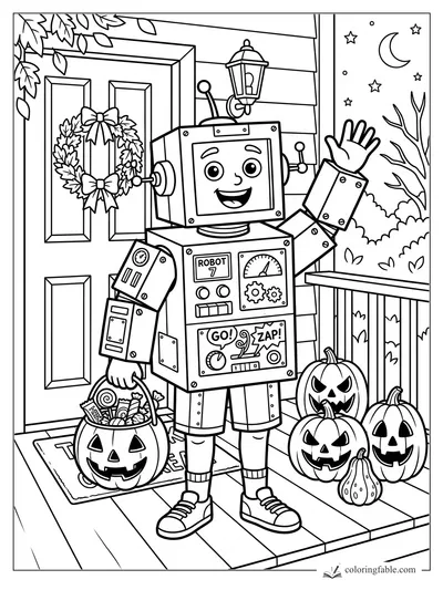 Smiling Robot 7 costume waving on a porch with jack-o'-lanterns, candy pail, wreath, moon and stars