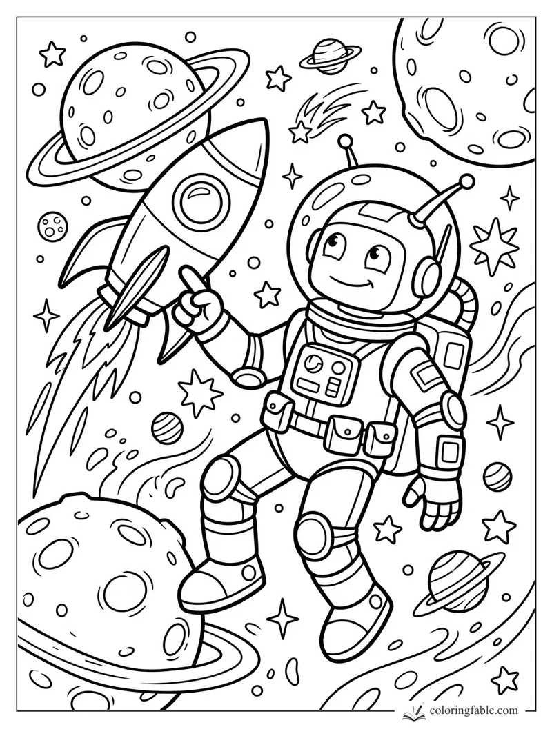 Cartoon robot astronaut pointing at a tiny rocket among planets, stars, and comets in space.