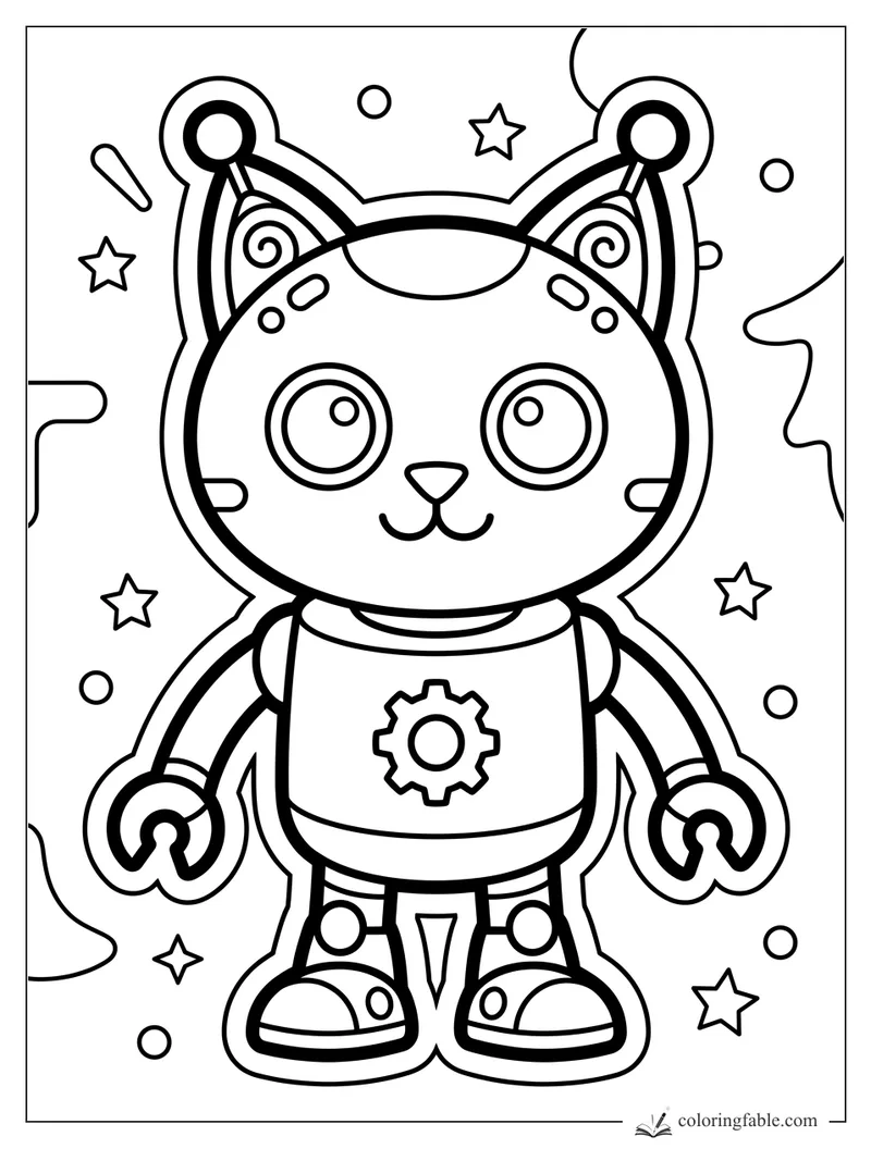 Cute robot cat sticker with gear chest, claw hands, antenna ears, stars, and bubbles to color.