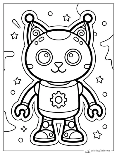 Cute robot cat sticker with gear chest, claw hands, antenna ears, stars, and bubbles to color.