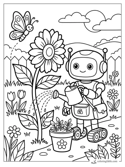 Cute robot watering a tall daisy in a fenced garden with butterfly, potted seedlings, sun and clouds.