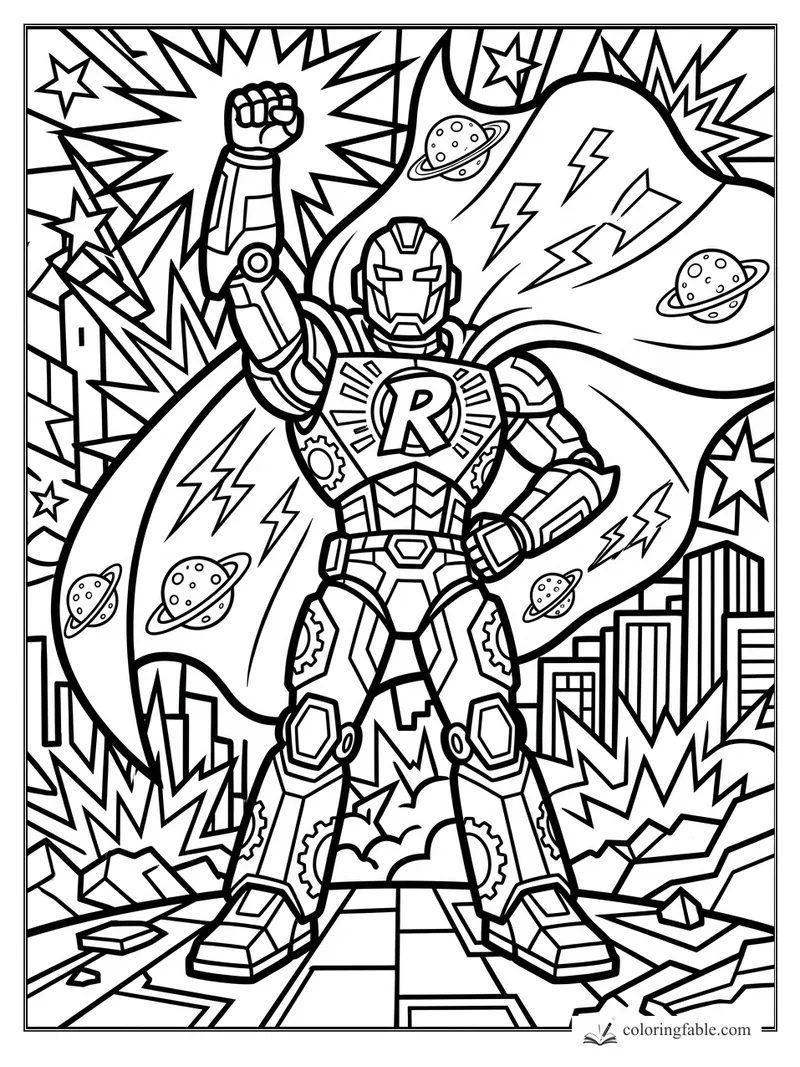 Pop-art robot hero raising a fist, with an R chest badge, lightning cape, planets, stars, and city ruins