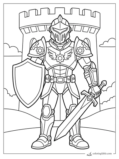 Robot knight with shield and sword standing before a castle tower and clouds