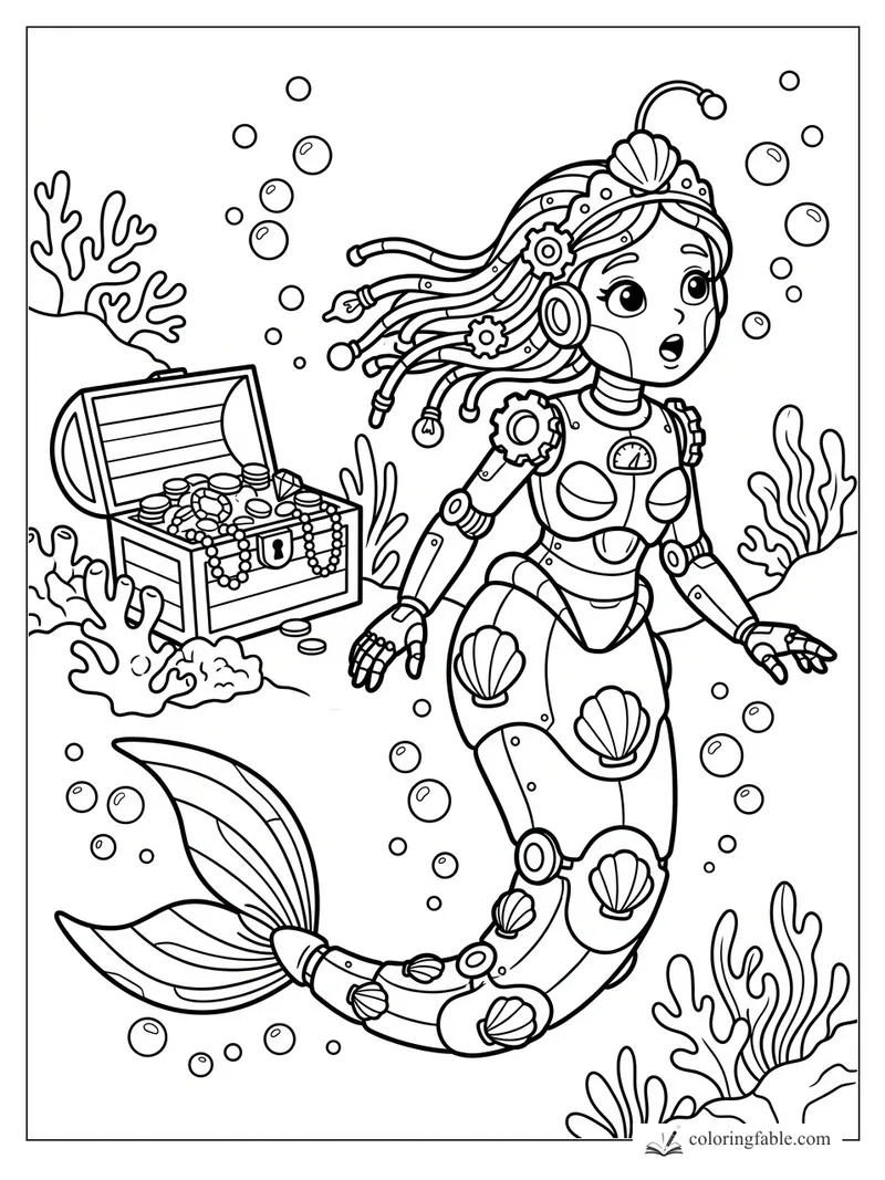 Cartoon robot mermaid with shell armor, cable hair, bubbles, coral, and an open treasure chest underwater.