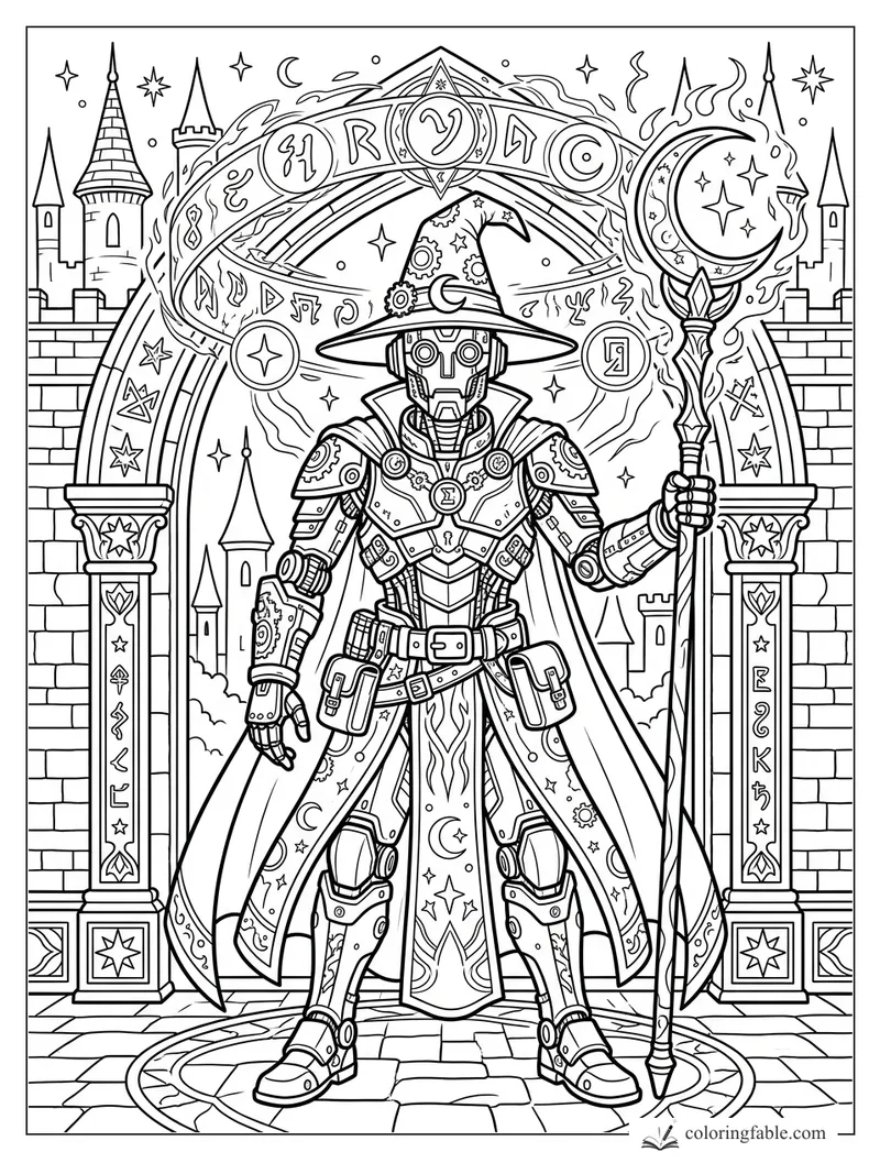 Robot wizard with crescent staff standing under a rune-covered castle arch