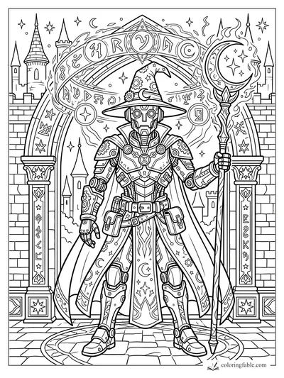 Robot wizard with crescent staff standing under a rune-covered castle arch