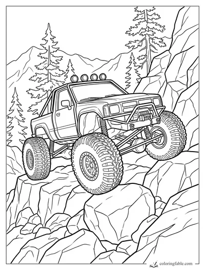 Realistic monster truck crawling over boulders between pine trees and mountain cliffs