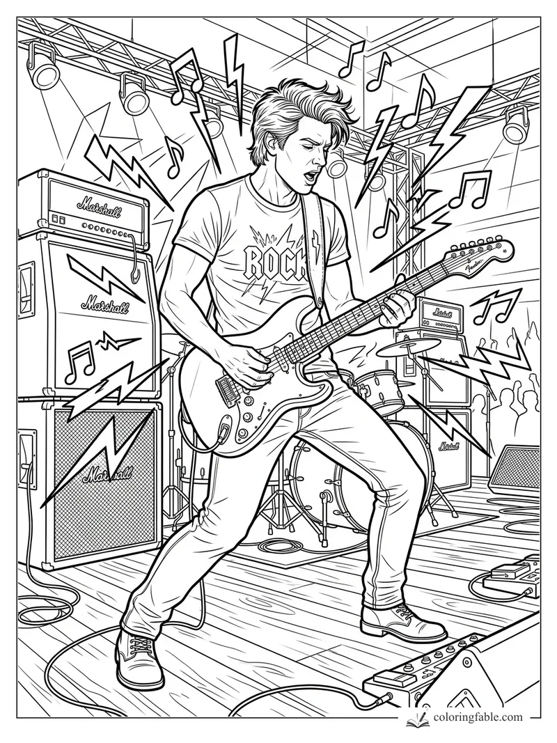 Realistic rock guitarist onstage with electric guitar, Marshall amps, drums, lights, music notes, and lightning bolts