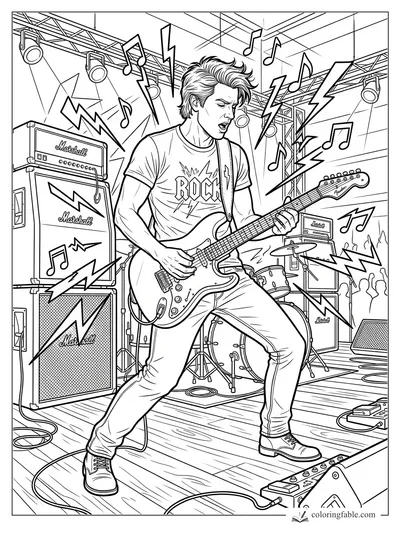 Realistic rock guitarist onstage with electric guitar, Marshall amps, drums, lights, music notes, and lightning bolts