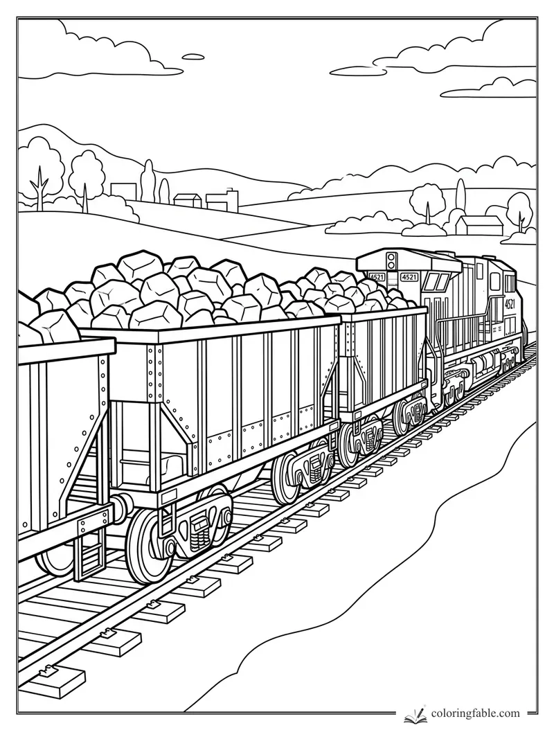 Freight train 4521 hauling open cars full of rocks through rolling countryside