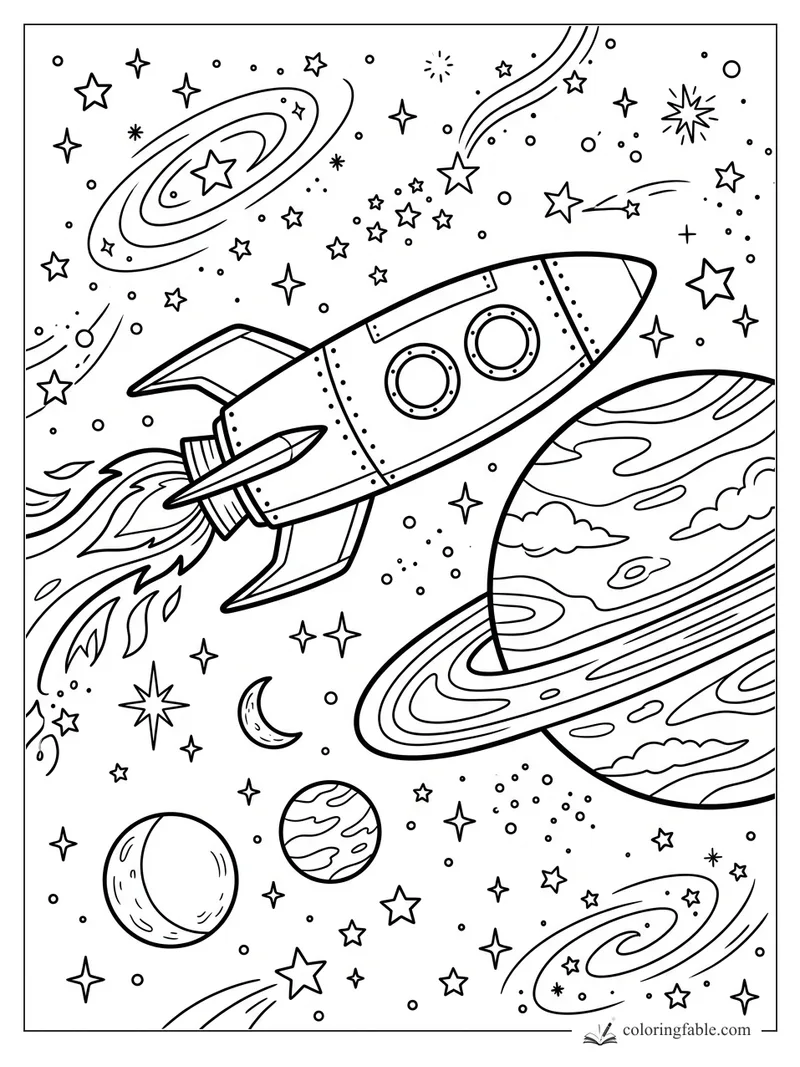 Rocket with flame trail flying through stars, galaxies, moons, and a large ringed planet