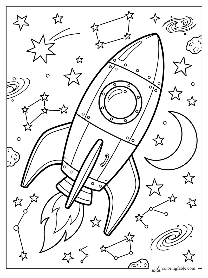 Rocket ship with round window, flame trail, stars, crescent moon, constellations, galaxies, and asteroids.