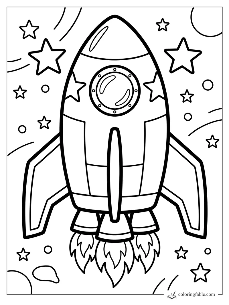 Bold easy rocket coloring page with round window, flames, stars, planets, and space swirls