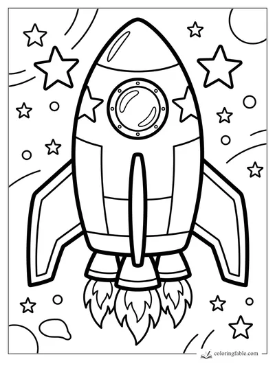 Bold easy rocket coloring page with round window, flames, stars, planets, and space swirls