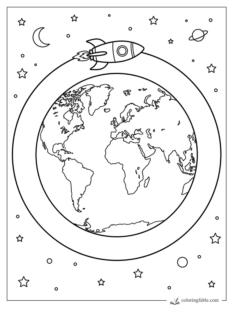Rocket flying around Earth on an orbit path with stars, crescent moon, and ringed planet.