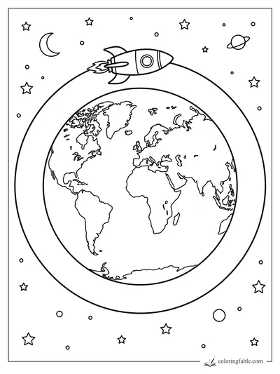 Rocket flying around Earth on an orbit path with stars, crescent moon, and ringed planet.
