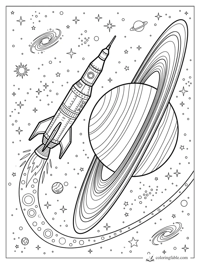 Detailed rocket flying past a giant ringed planet, galaxies, stars, and small planets in space