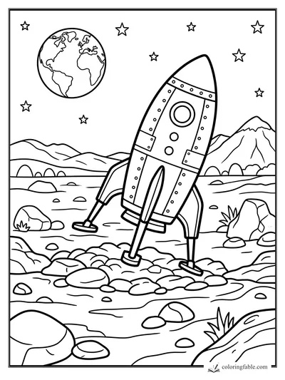 Cartoon rocket on landing legs in a rocky alien landscape with Earth, stars, and mountains in the sky