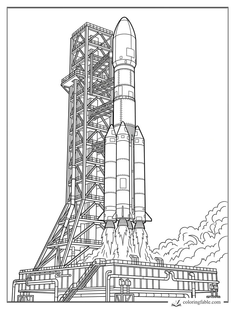 Realistic rocket launching beside a tall service tower with flames and smoke clouds