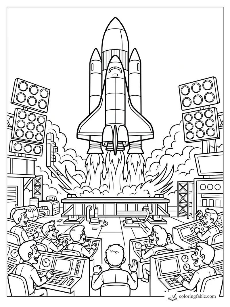 Cartoon space shuttle blasting off as mission control crew cheer at their consoles